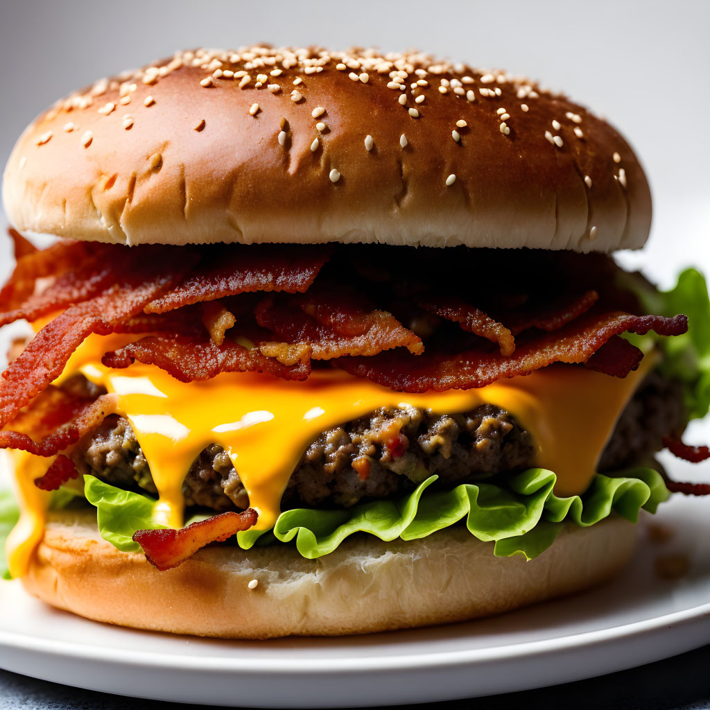 Succulent Bacon Cheeseburger with Lettuce on Sesame Seed Bun
