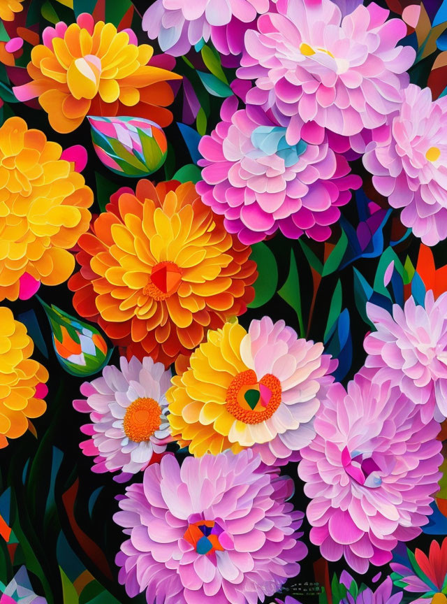 Colorful Stylized Flowers Illustration in Full Bloom