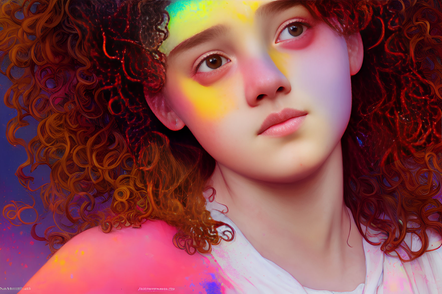 Curly Red-Haired Woman with Abstract Makeup on Vibrant Background