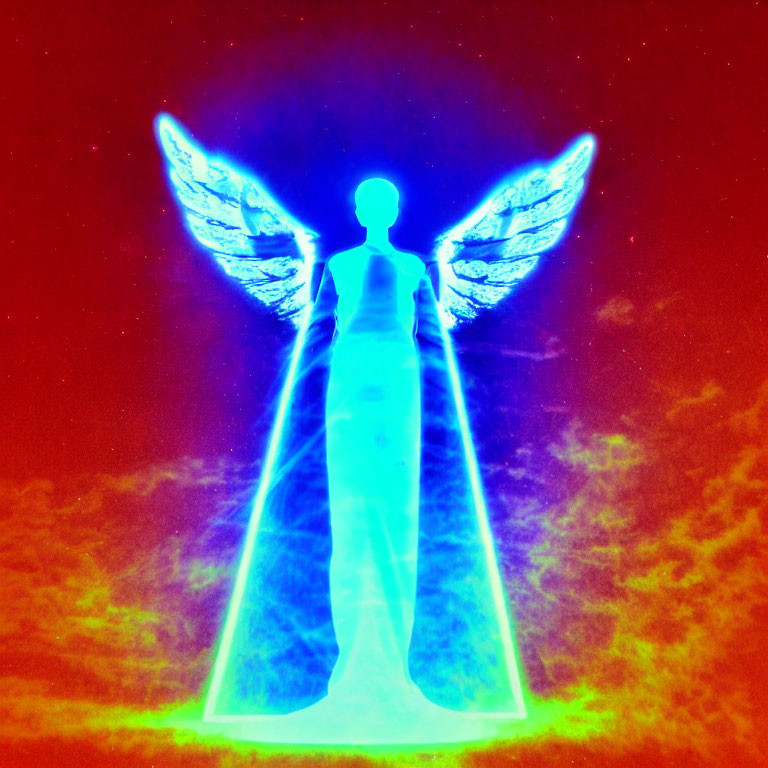 Thermal image effect of winged figure on red and yellow background