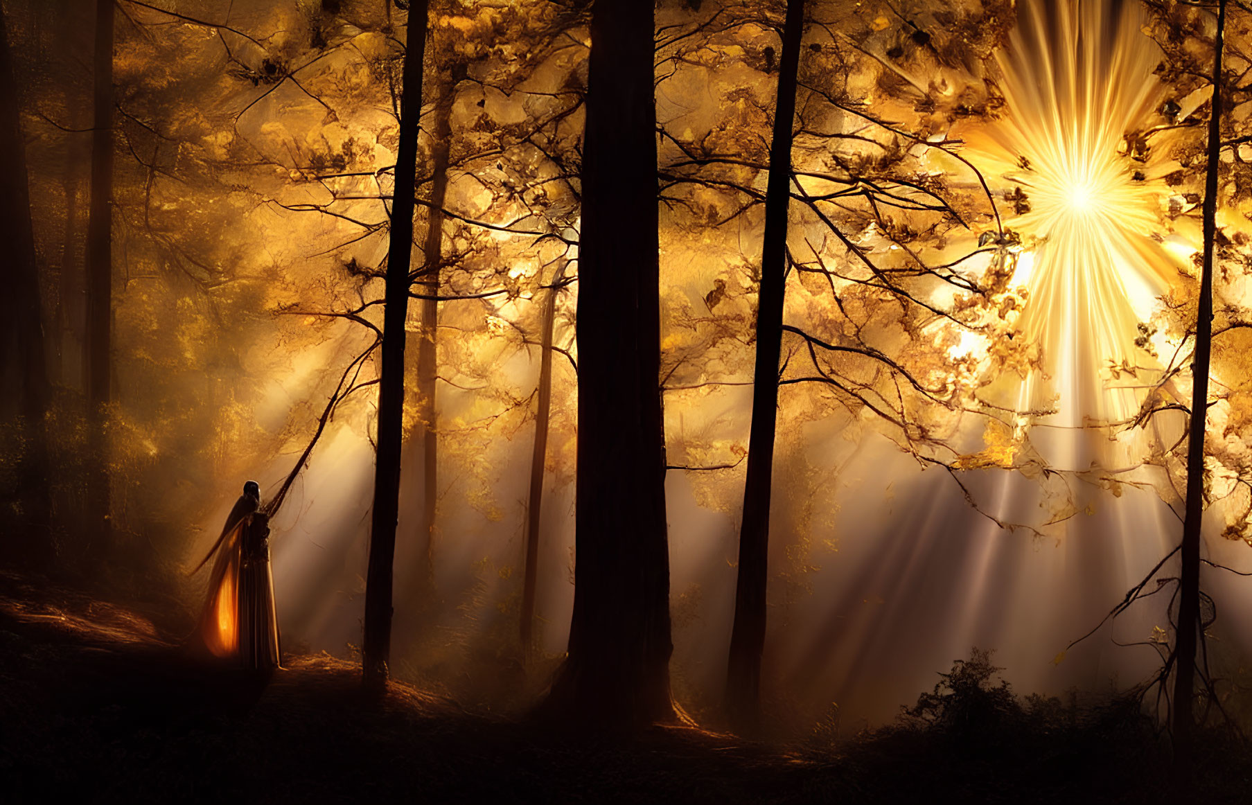 Person standing in golden sunlight among tall trees