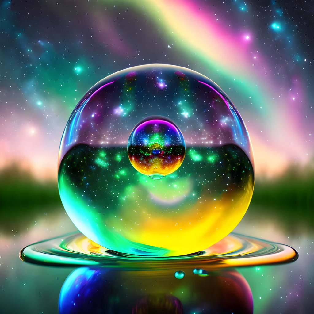 Cosmic-themed image of reflective soap bubble with smaller bubble against starry night sky.