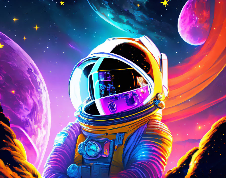 Colorful astronaut in vibrant cosmic backdrop with stars and celestial bodies