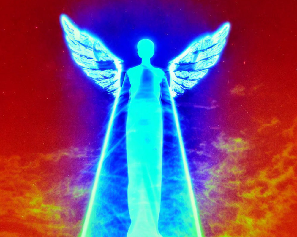 Thermal image effect of winged figure on red and yellow background