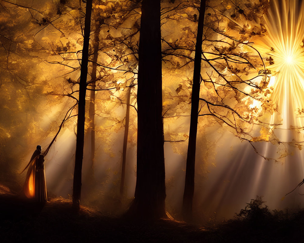 Person standing in golden sunlight among tall trees