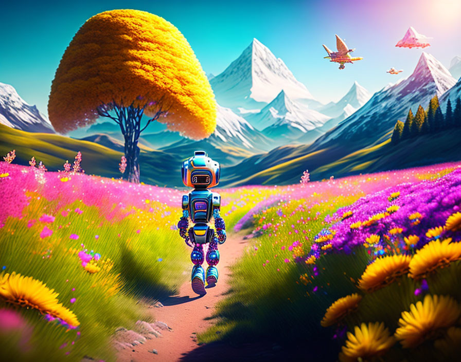 Colorful meadow robot with backpack heading to snowy mountains under blue sky.