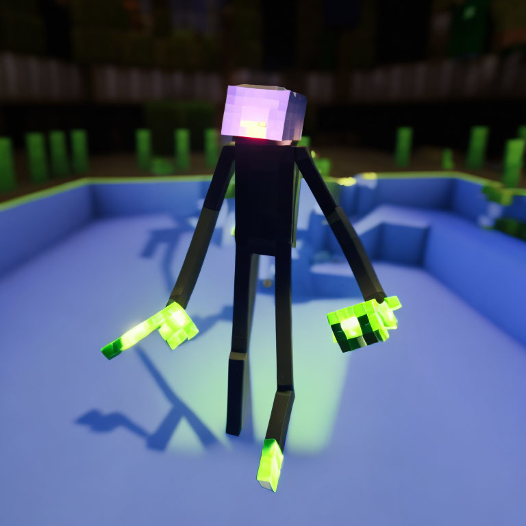 3D rendering: Minecraft Enderman with green glowing blocks in nighttime sandbox