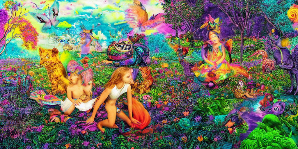 Fantasy scene: girls, creatures, colorful flora, pastel sky