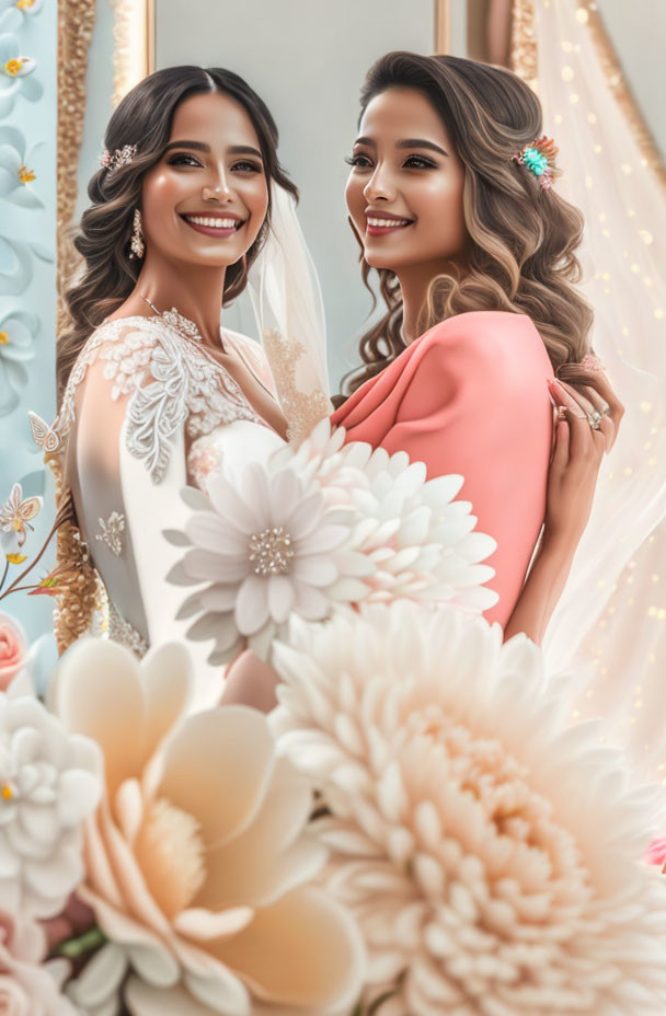 Two women in formal attire with flowers smiling in front of decorative backdrop