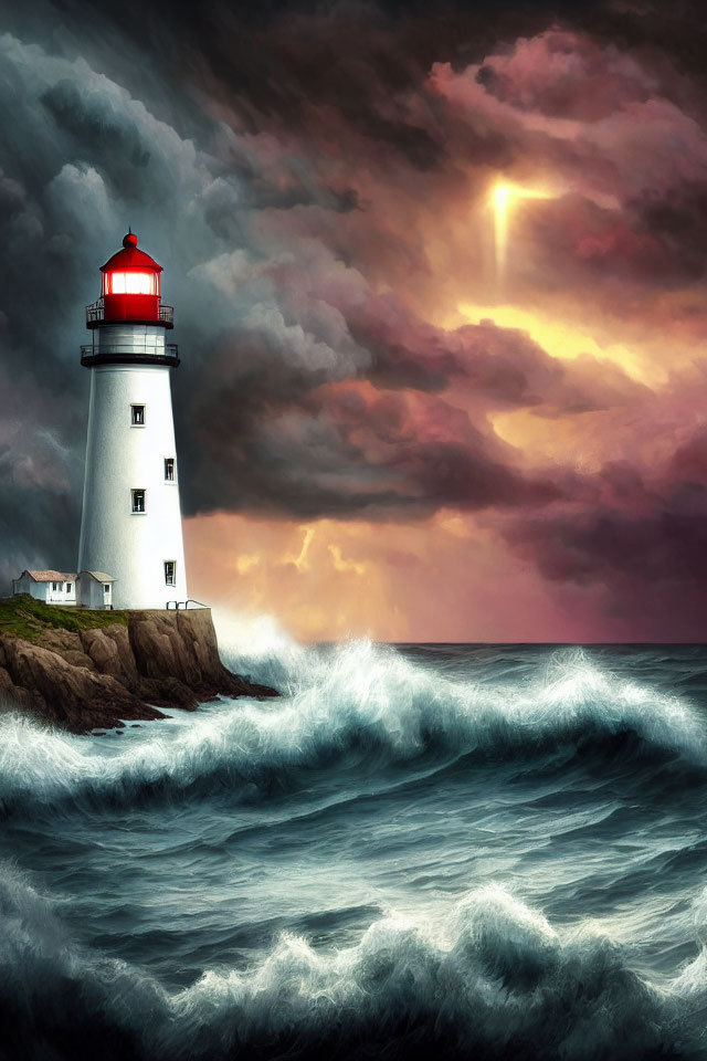 Majestic lighthouse on cliff with crashing waves and dramatic sky