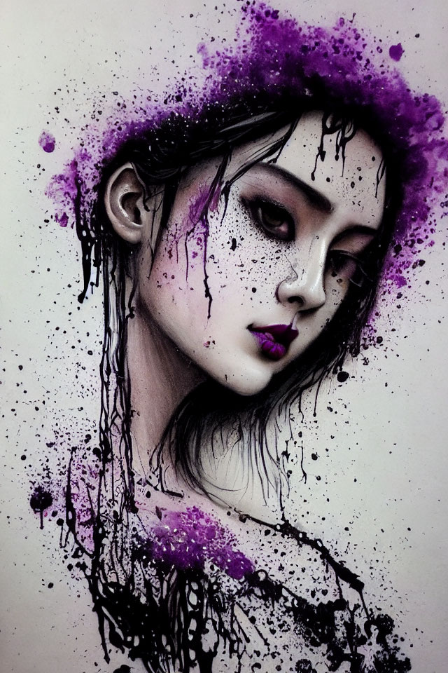 Vibrant purple splatter effects on black and white portrait with stylized hair and shoulders