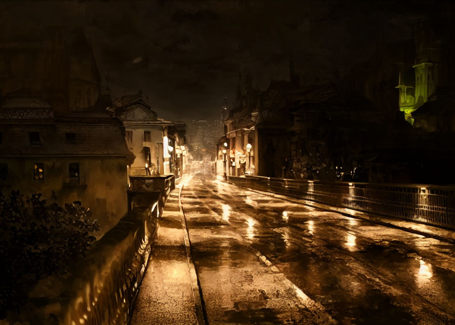 Deserted city street on a rainy night with sepia-toned ambiance