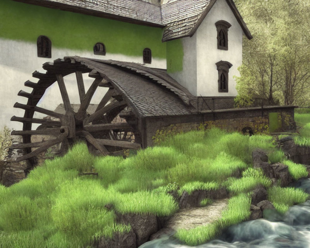 Tranquil waterwheel by stream and white stone church