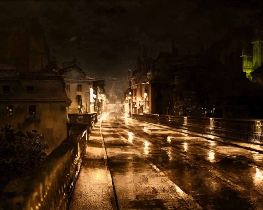 Deserted city street on a rainy night with sepia-toned ambiance