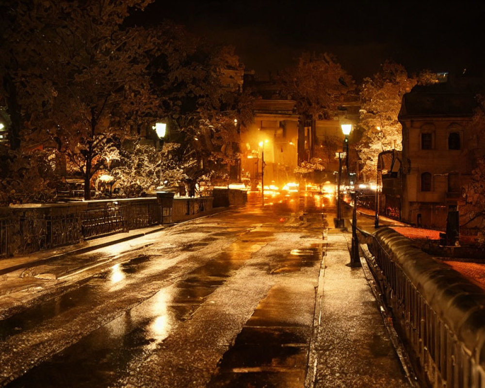 Nighttime urban street scene with wet pavement, orange streetlights, trees, and metal railing.