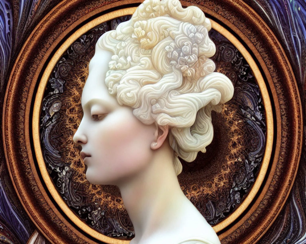 Intricate curly hair on woman bust against blue and gold swirls