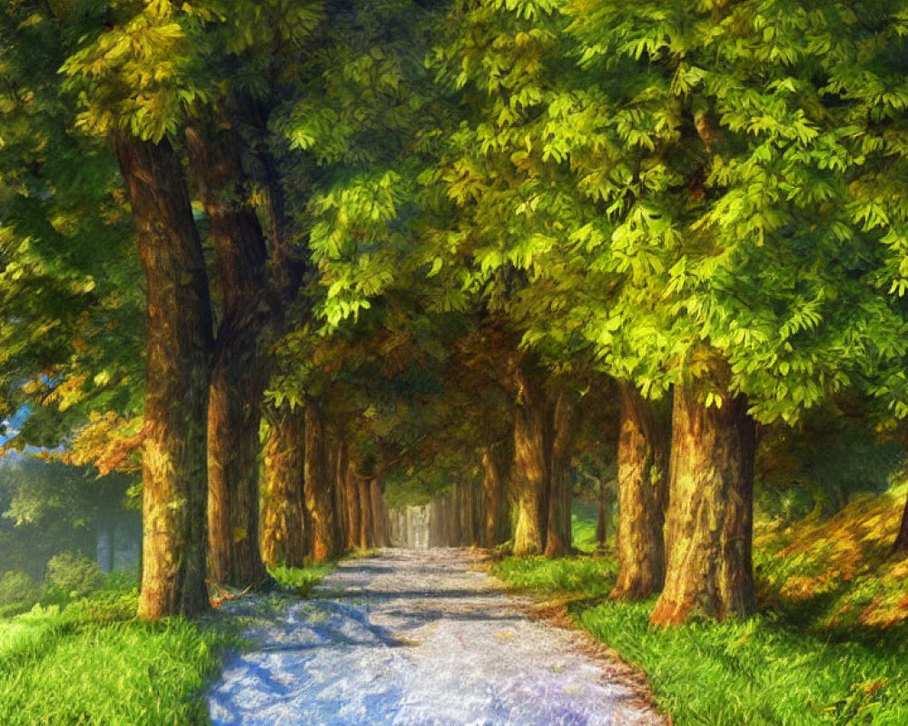 Sunlit Pathway Through Lush Green Forest