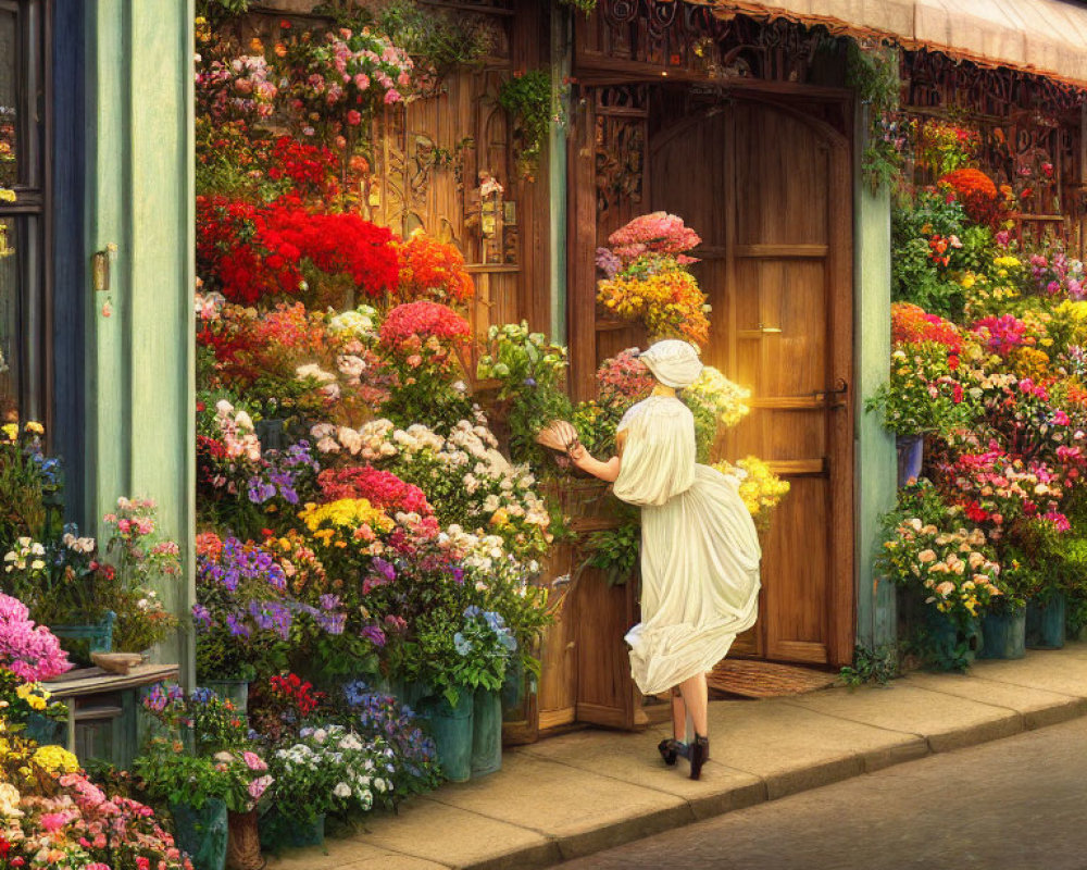 Vintage-dressed woman admires colorful flowers at quaint floral shop