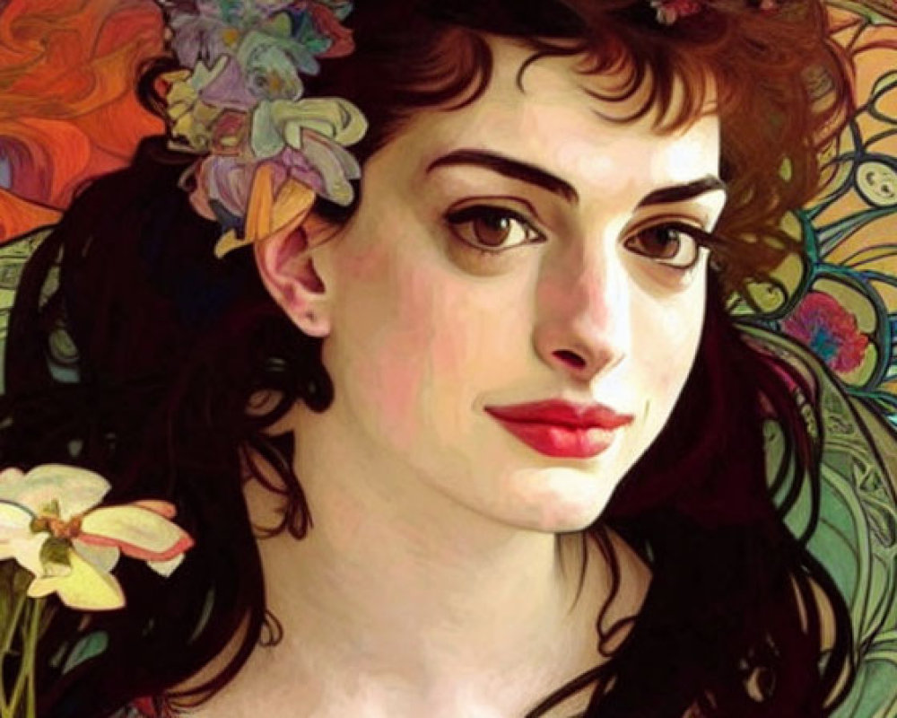 Stylized portrait of woman with dark hair and floral adornments