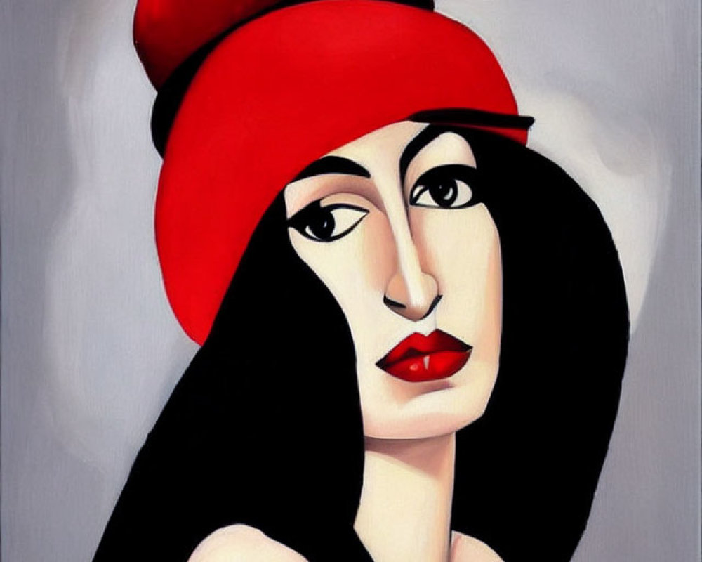 Stylized woman with red hat and lips against grey background