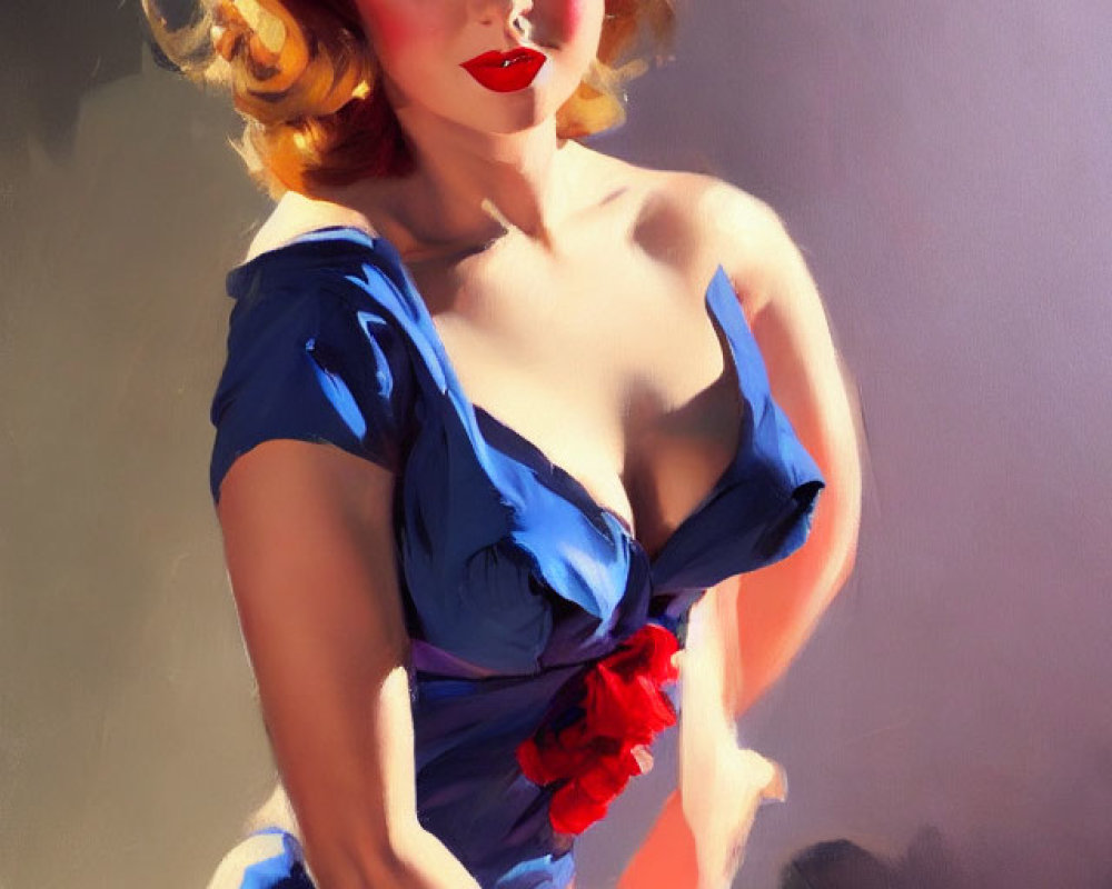 Vintage Pin-Up Girl Portrait with Blonde Curls and Red Lipstick