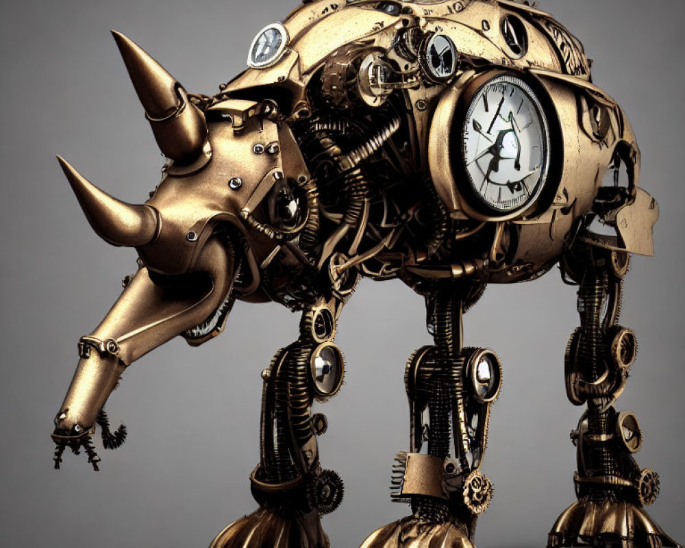 Steampunk-style Metallic Bull Sculpture with Clock Elements