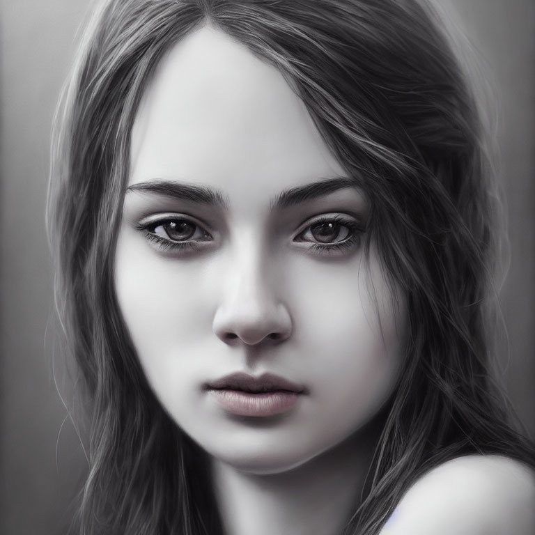 Detailed monochromatic digital portrait of a young woman with flowing hair and expressive eyes.