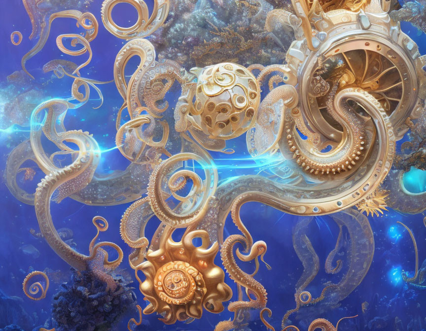 Steampunk octopus with mechanical tentacles in vibrant underwater scene