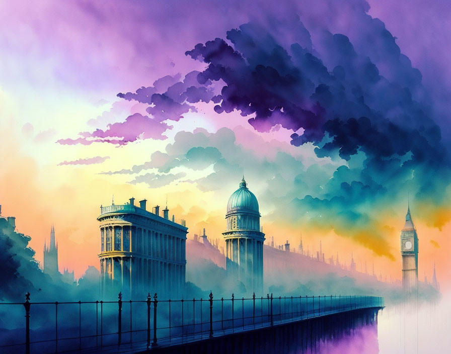 Colorful London cityscape digital artwork with iconic silhouettes and dramatic purple sky