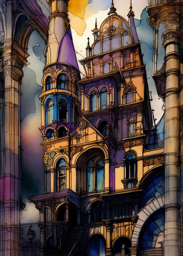 Detailed Watercolor Illustration of Gothic Architectural Structure