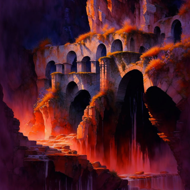 Fantastical landscape with cascading waterfalls and stone bridges in warm purple and orange glow