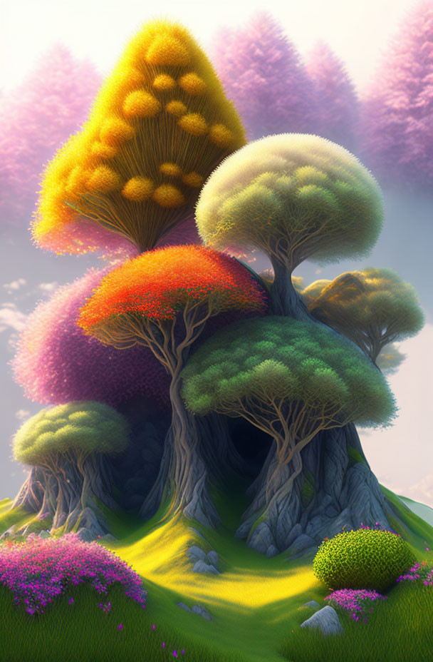 Colorful Stylized Trees in Vibrant Landscape with Rolling Hills