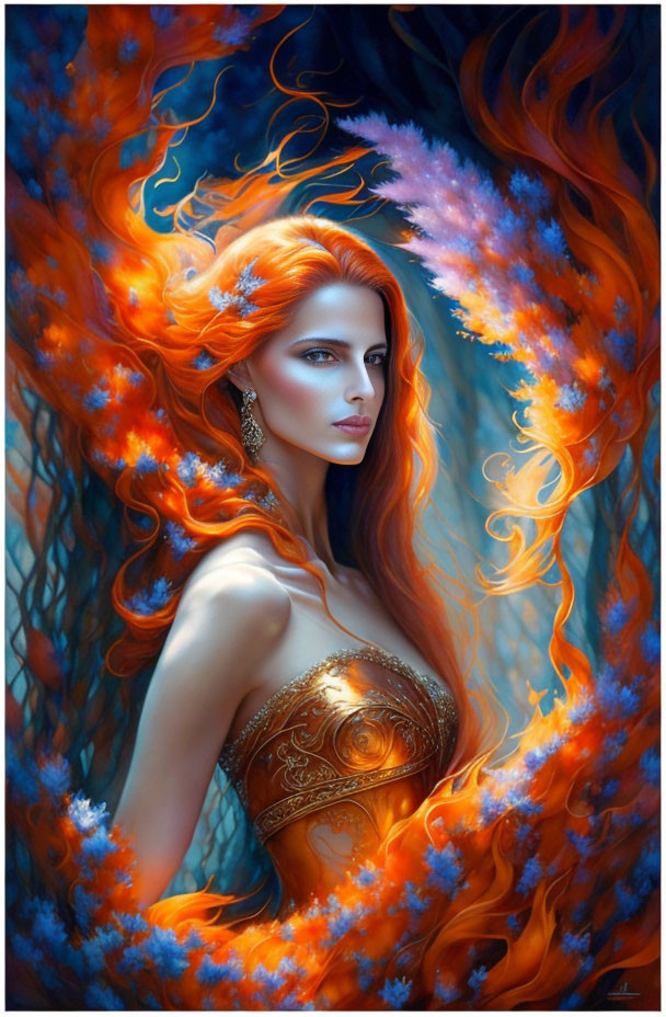 Fantasy portrait of woman with fiery red hair and golden corset