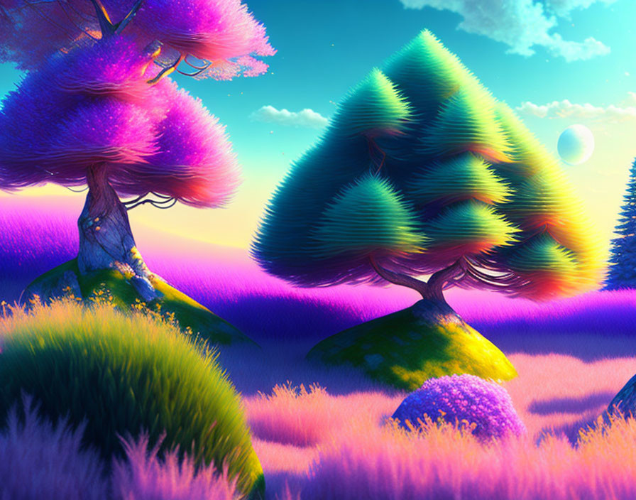 Fantasy landscape with whimsical purple and green trees and lush grass