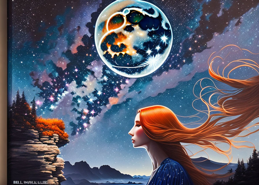 Surreal artwork: Woman with red hair gazes at celestial scene