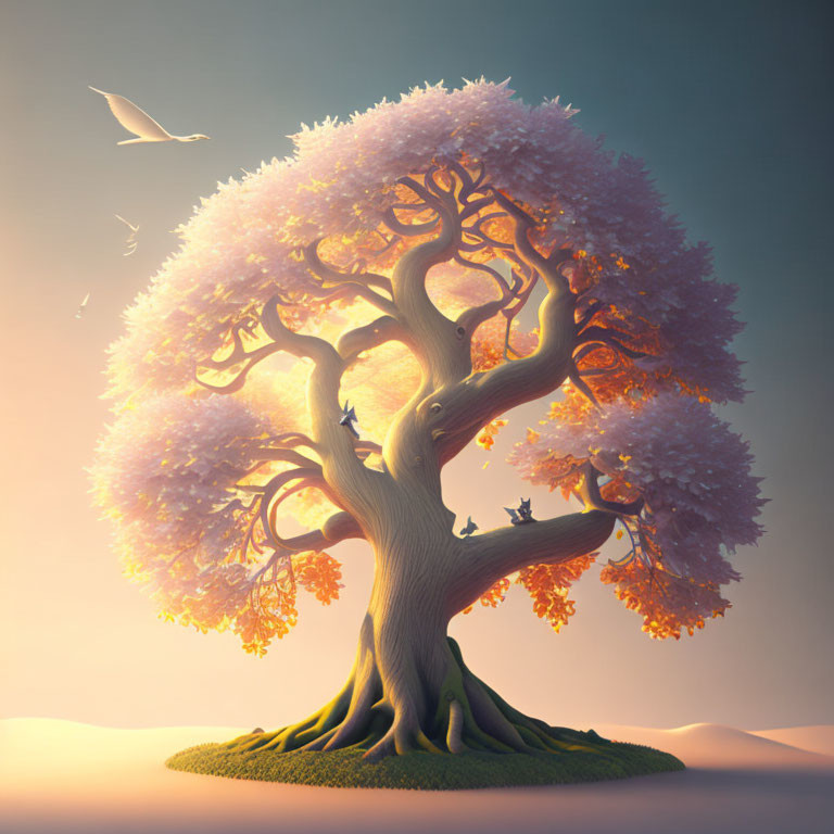 Whimsical purple tree with orange accents on isolated hill with flying bird