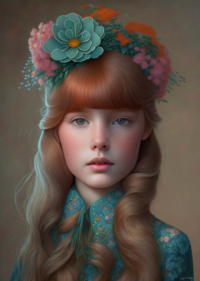 Illustrated portrait of a girl with wavy hair, floral headband, and blue dress