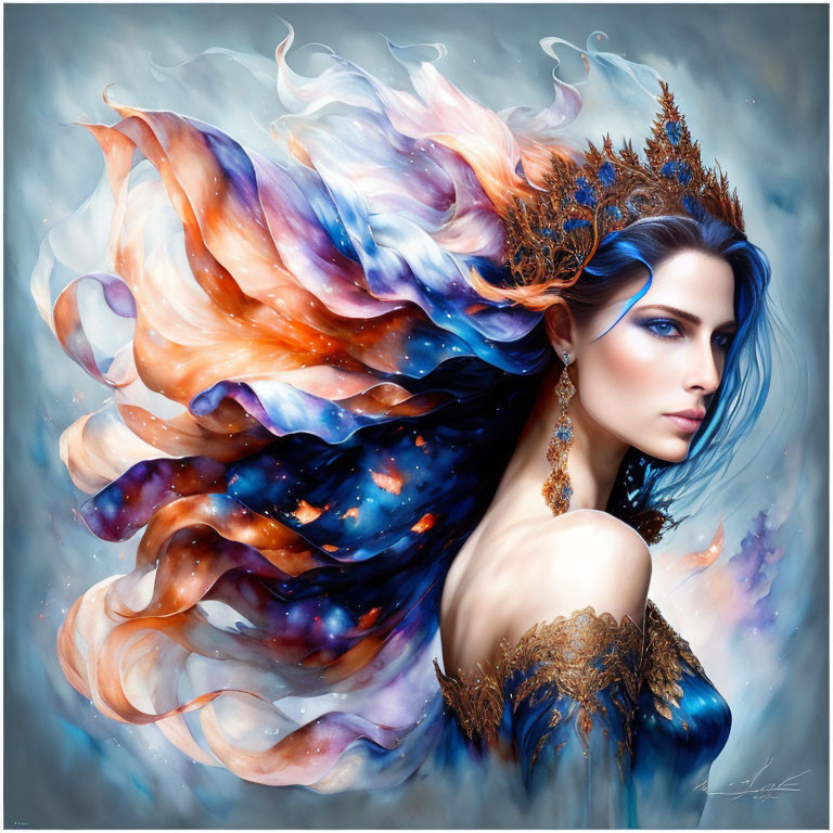 Majestic woman with cosmic-themed mane and ornate crown