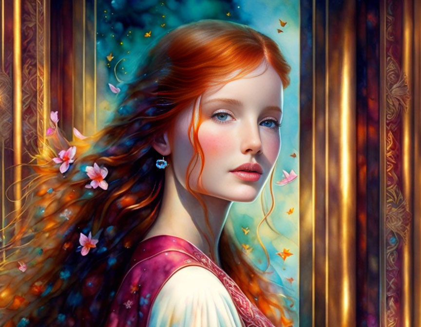 Ethereal portrait of woman with red hair, butterflies, and flowers