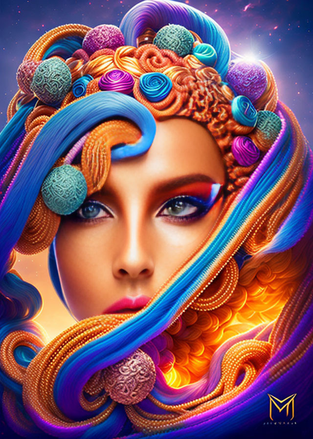 Colorful digital artwork: Woman with cosmic hair in orange and blue tones