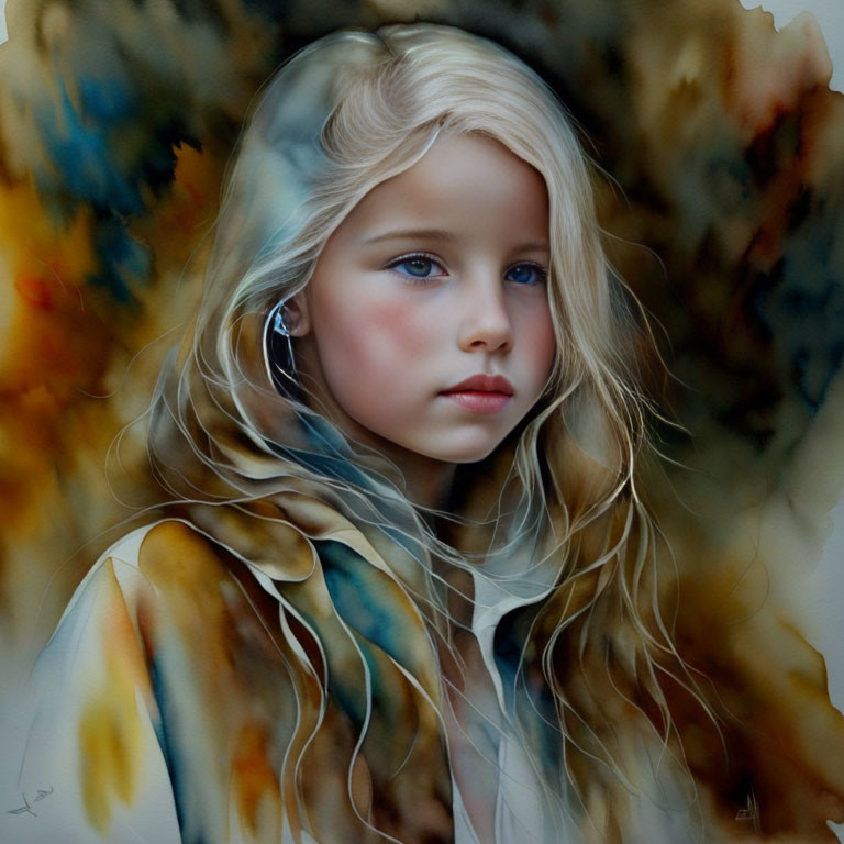 Young girl with blonde hair and blue eyes in beige cloak against autumnal background