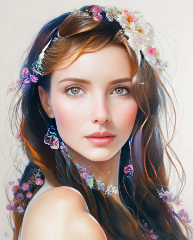 Woman portrait with floral headband, brown hair, green eyes, and flowers in hair on soft background