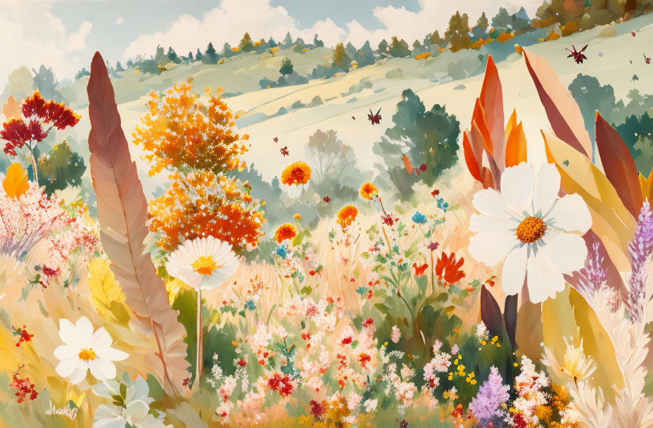 Colorful wildflower meadow painting with oversized flowers and rolling hills