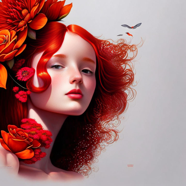 Vibrant digital portrait of woman with red hair and flowers