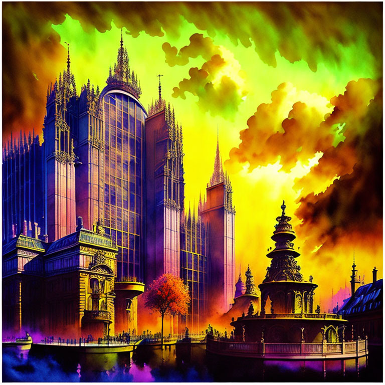 Detailed Gothic Cathedral Illustration by River Under Psychedelic Sky