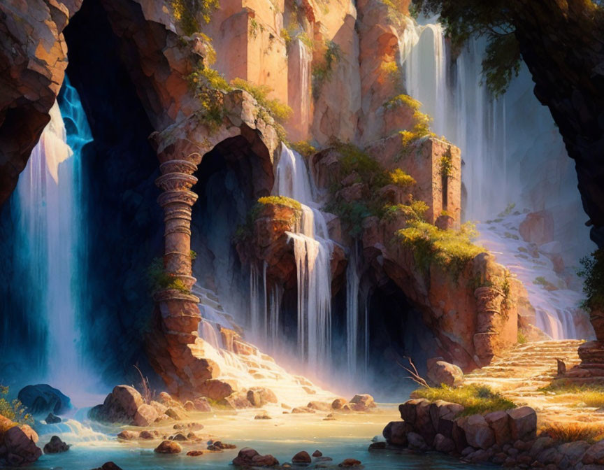 Majestic waterfalls and ancient ruins in serene landscape