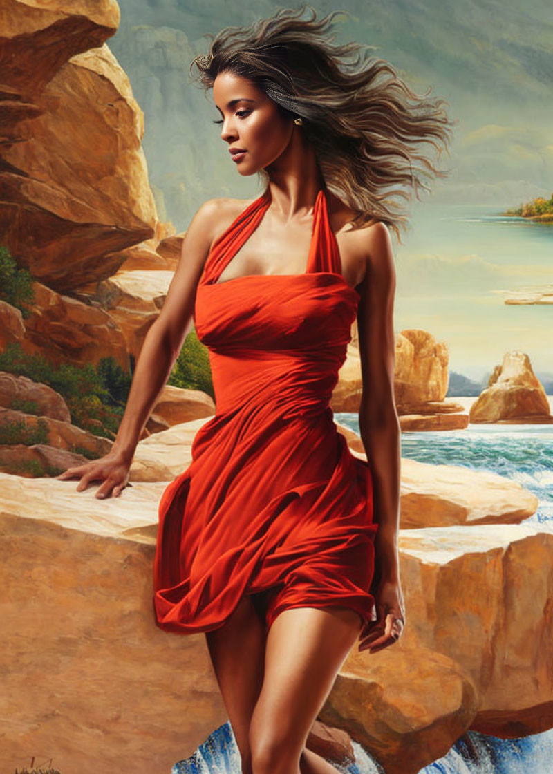 Woman in red dress on rocky shore with ocean backdrop