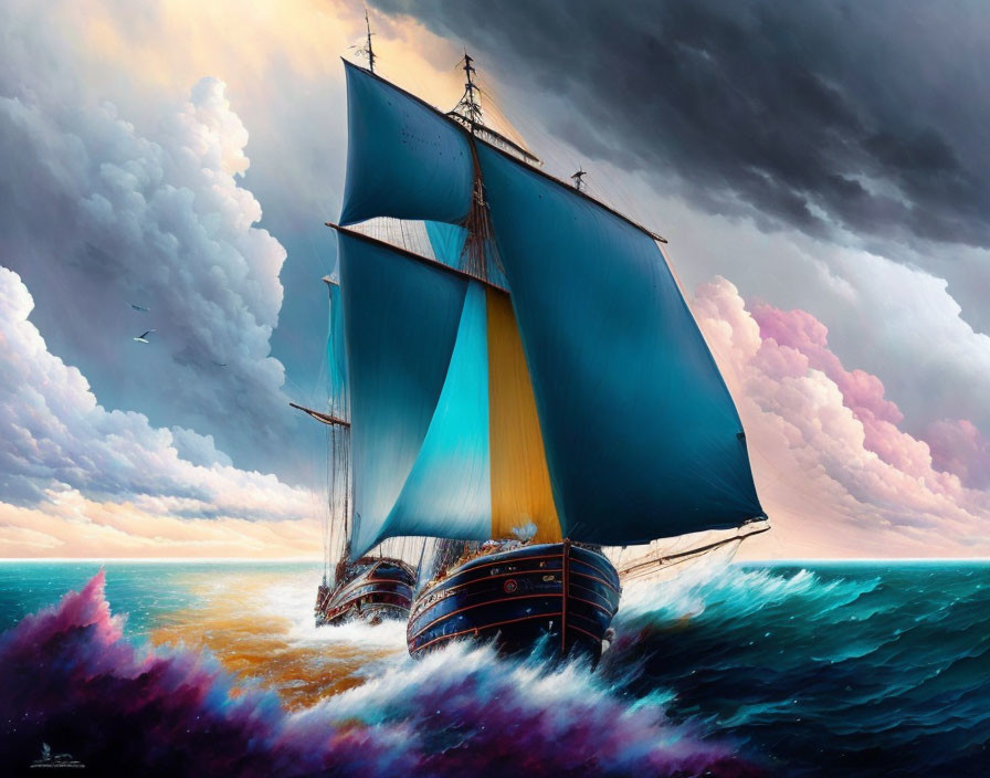 Majestic sailing ship with large blue sails in tumultuous ocean waters