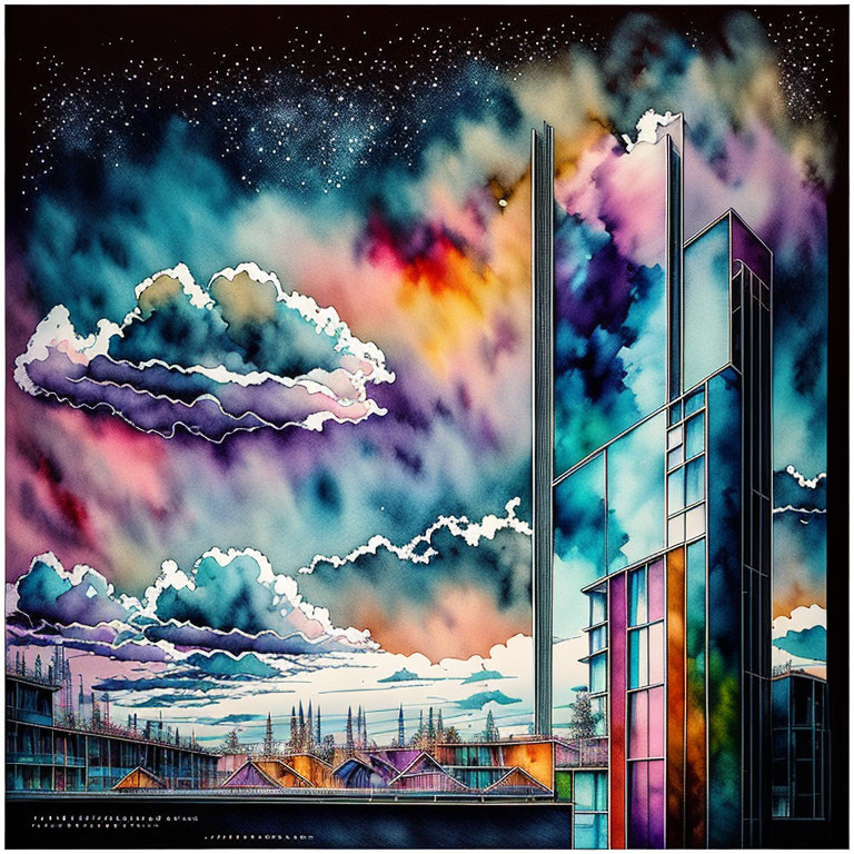 Colorful modern glass building against star-speckled sky and dramatic clouds in vibrant artwork.