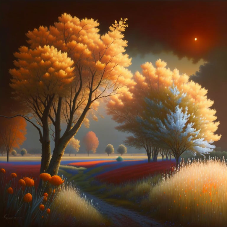 Autumnal landscape with colorful trees and vibrant flora at twilight